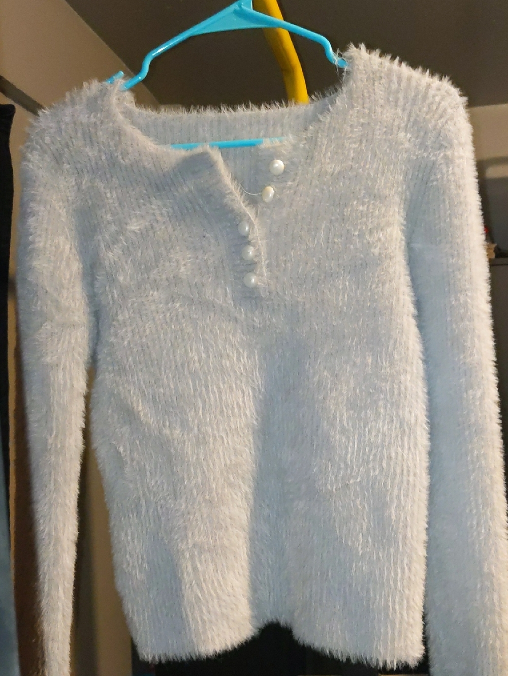 SHEIN Fuzzy Cream Crewneck Sweater with Pearl Buttons
